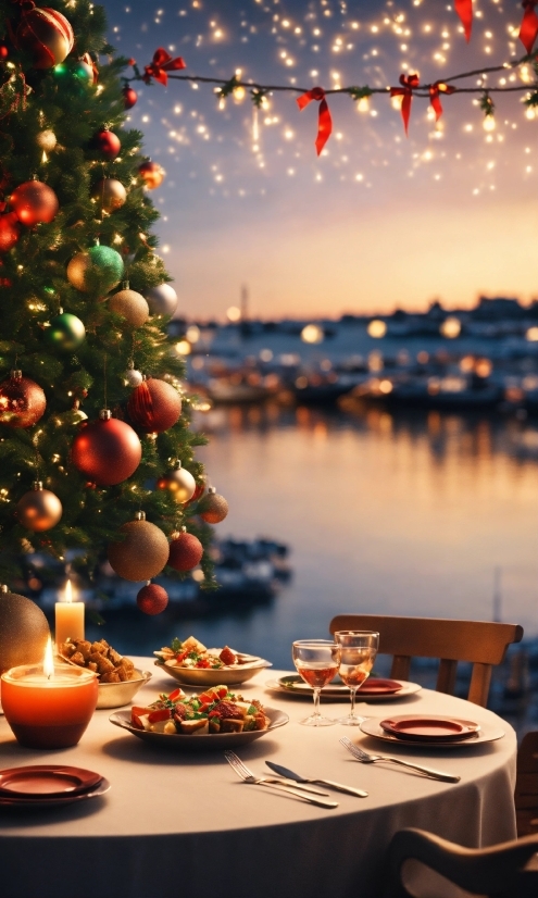 Table, Christmas Tree, Water, Photograph, Plant, Tableware