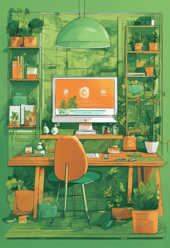 Table, Computer, Furniture, Desk, Green, Chair