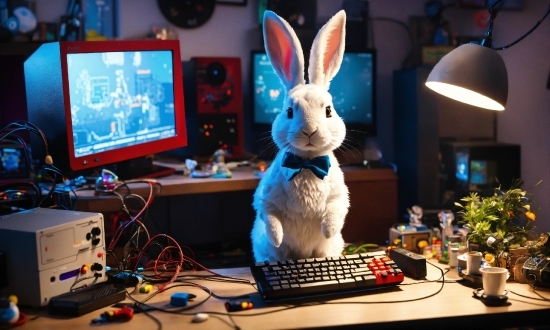 Table, Computer, Personal Computer, Rabbit, Flowerpot, Computer Keyboard