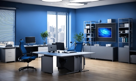 Table, Furniture, Building, Plant, Blue, Computer