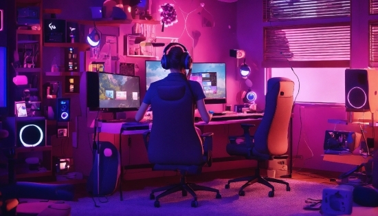 Table, Purple, Blue, Chair, Entertainment, Computer