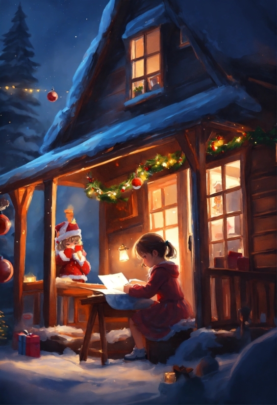 Table, Window, Light, House, Christmas Tree, Building
