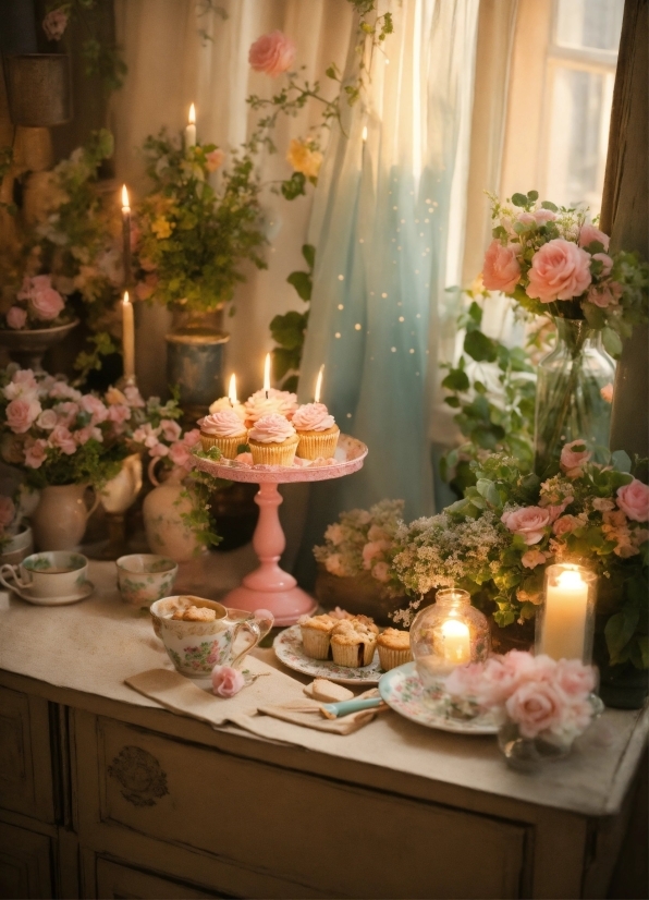Tableware, Candle, Flower, Table, Furniture, Food