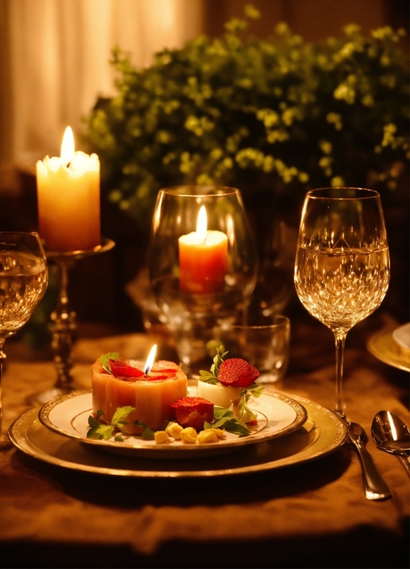 Tableware, Candle, Table, Stemware, Plant, Food