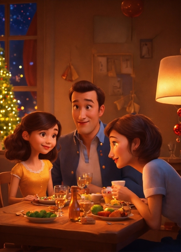 Tableware, Christmas Tree, Table, Light, Smile, Human