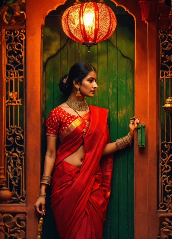 Temple, Red, Sari, Fashion Design, Flash Photography, Beauty