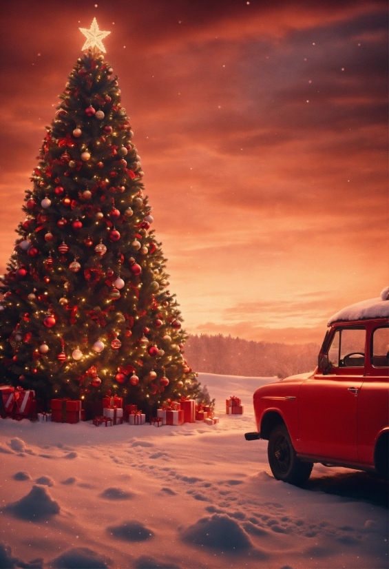 Tire, Sky, Christmas Tree, Wheel, Snow, Light
