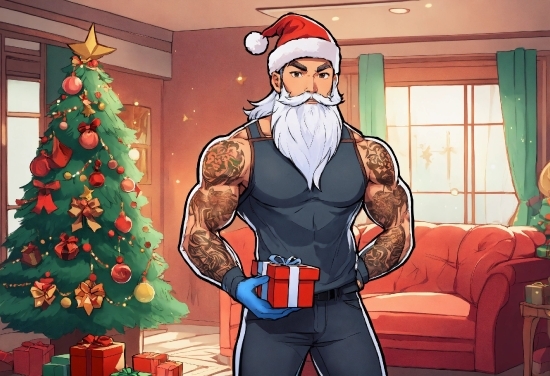 Vigo The Carpathian Painting, Christmas Tree, Beard, Cartoon, Window, Curtain