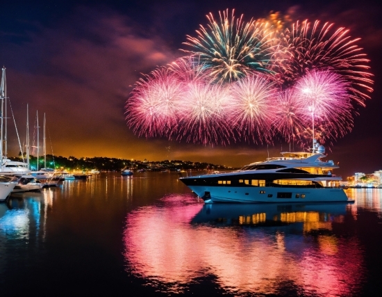 Water, Boat, Sky, Atmosphere, Fireworks, Watercraft