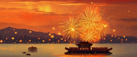 Water, Cloud, Sky, Boat, Fireworks, Nature