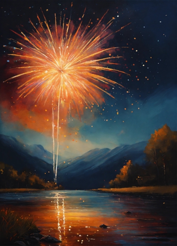 Water, Sky, Atmosphere, Fireworks, Nature, Mountain
