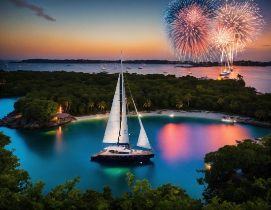 Water, Sky, Boat, Plant, Light, Fireworks