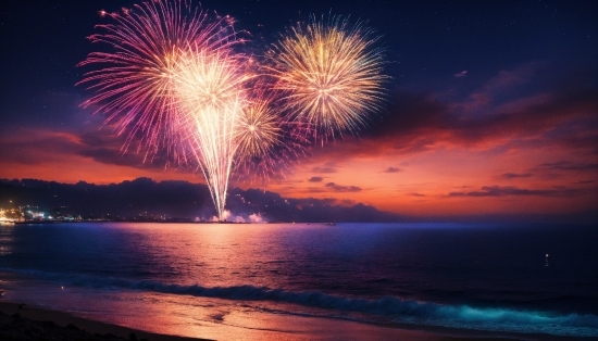 Water, Sky, Cloud, Fireworks, Beach, Entertainment