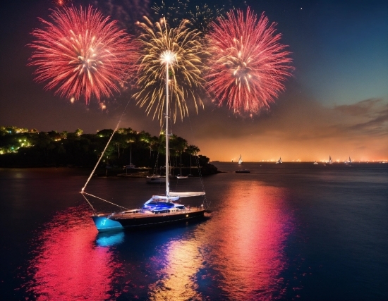 Water, Sky, Fireworks, Boat, Light, Watercraft