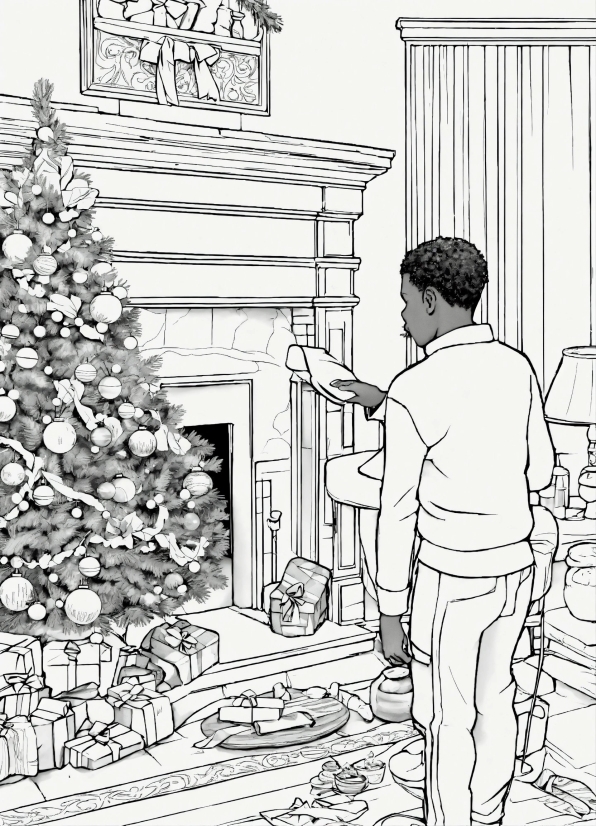 White, Standing, Christmas Tree, Door, Art, Drawing