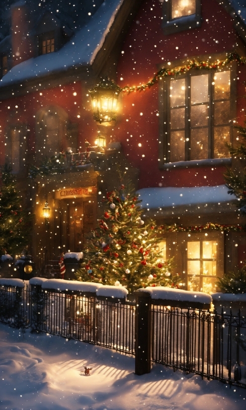 Window, Building, Light, Snow, Branch, Christmas Tree