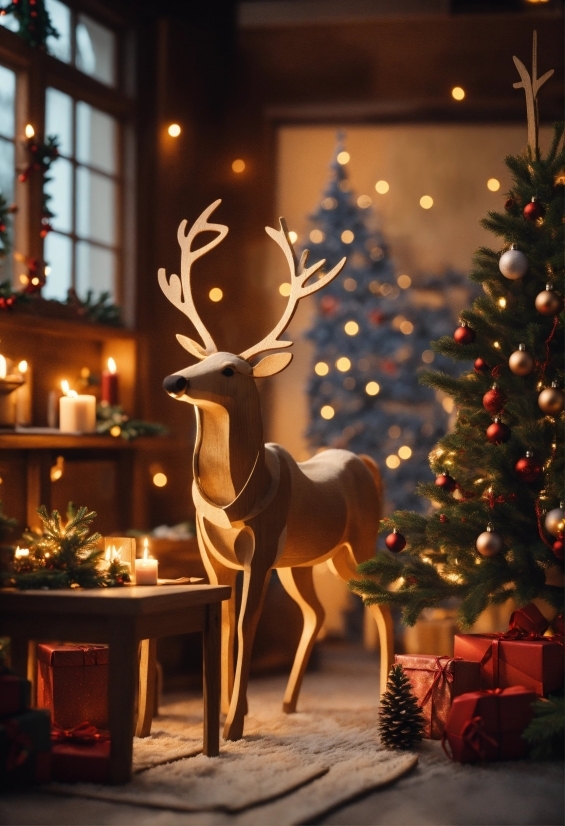 Window, Christmas Tree, Light, Plant, Elk, Branch