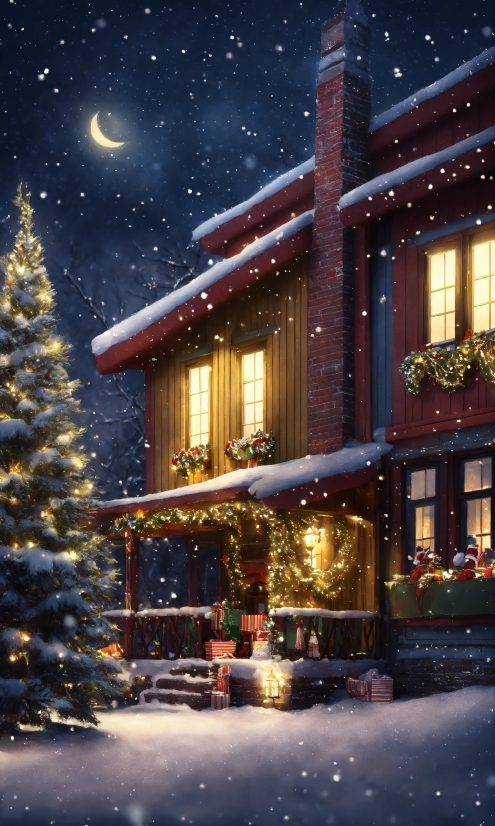 Window, Plant, Sky, Light, Christmas Tree, Snow