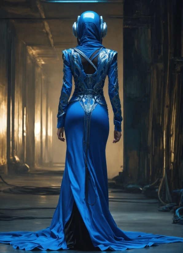 Blue, Dress, Neck, Gown, Waist, One-piece Garment