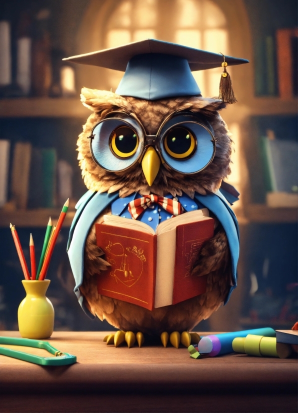 Blue, Owl, Shelf, Cartoon, Hat, Bookcase