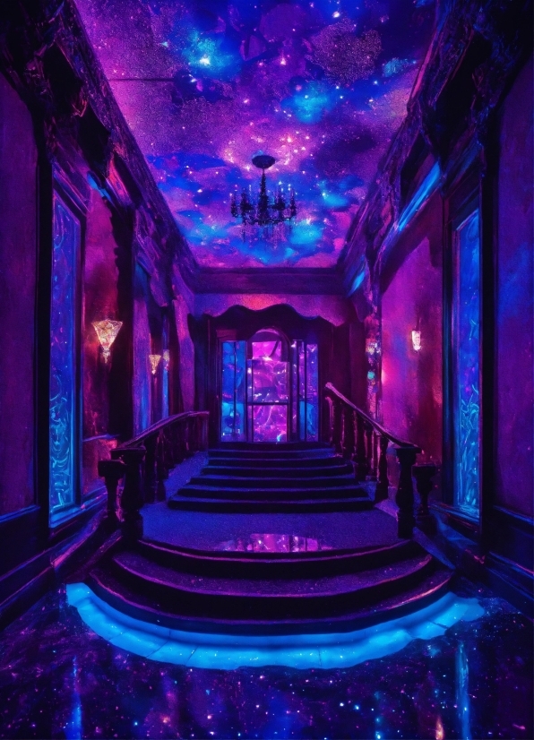 Blue, Purple, Entertainment, Interior Design, Stairs, Violet