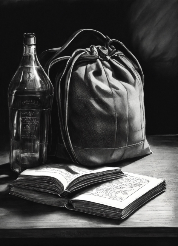 Bottle, Black-and-white, Book, Style, Drinkware, Liquid