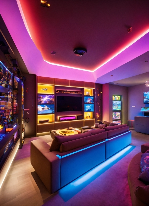 Building, Light, Couch, Purple, Lighting, Entertainment