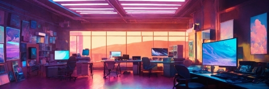 Building, Purple, Interior Design, Table, Computer, Chair