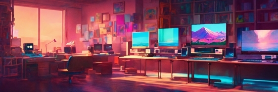 Building, Table, Purple, Peripheral, Entertainment, Computer Monitor