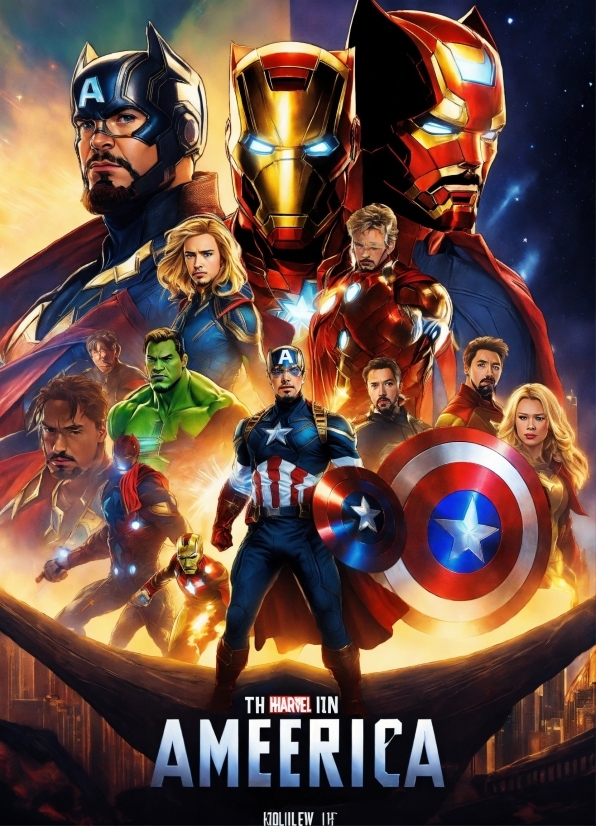 Cartoon, Hulk, Captain America, Iron Man, Shield, Poster