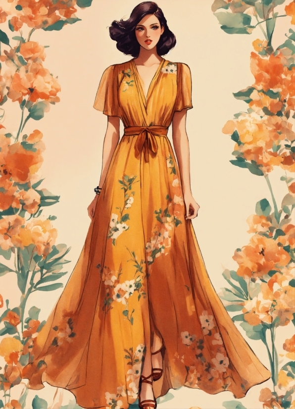 Clothing, Flower, Dress, Fashion, One-piece Garment, Orange