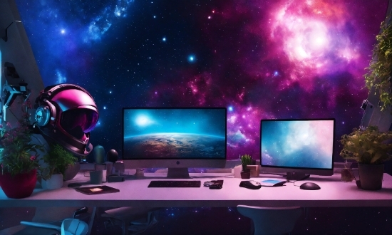 Computer, Personal Computer, Computer Keyboard, Computer Monitor, Table, Purple