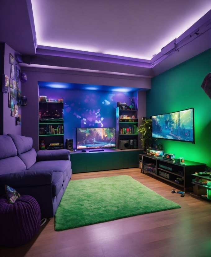 Couch, Furniture, Television, Green, Purple, Decoration