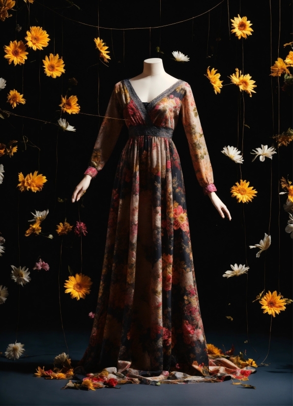 Flower, One-piece Garment, Dress, Sleeve, Textile, Orange