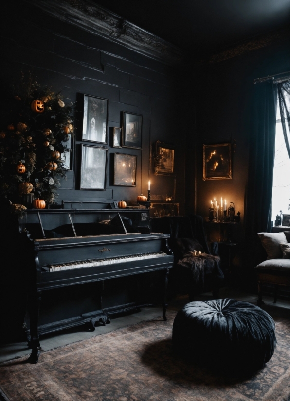 Furniture, Couch, Building, Picture Frame, Musical Instrument, Black
