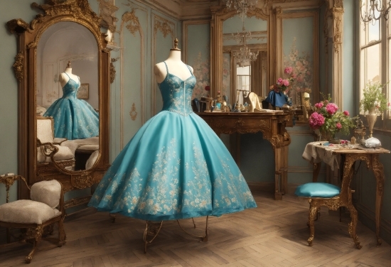 Furniture, Dress, Azure, Wedding Dress, One-piece Garment, Textile