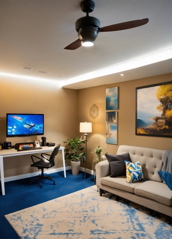 Furniture, Property, Blue, Ceiling Fan, Plant, Picture Frame