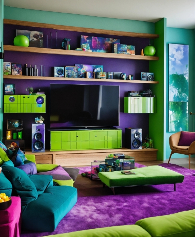 Furniture, Property, Couch, Shelf, Green, Purple