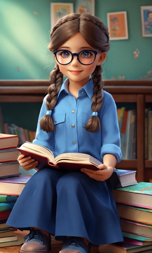 Glasses, Hairstyle, School Uniform, Vision Care, Blue, Sleeve