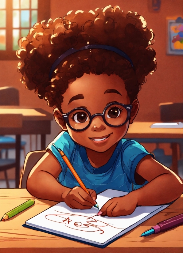 Glasses, Hairstyle, Table, Human, Cartoon, Happy