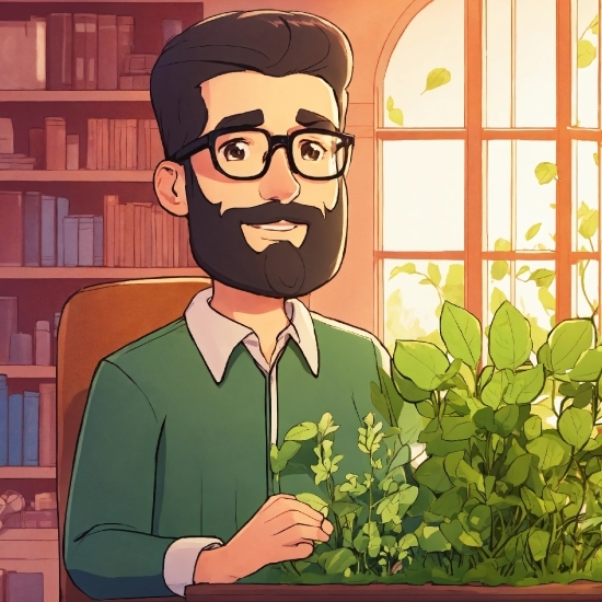 Glasses, Plant, Bookcase, Shelf, Beard, Vision Care