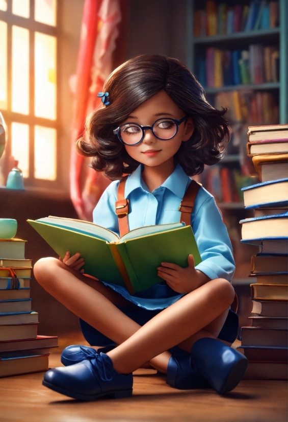Glasses, School Uniform, Leg, Smile, Book, Bookcase
