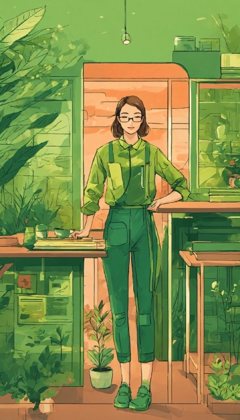 Green, Botany, Table, Sleeve, Art, Cartoon