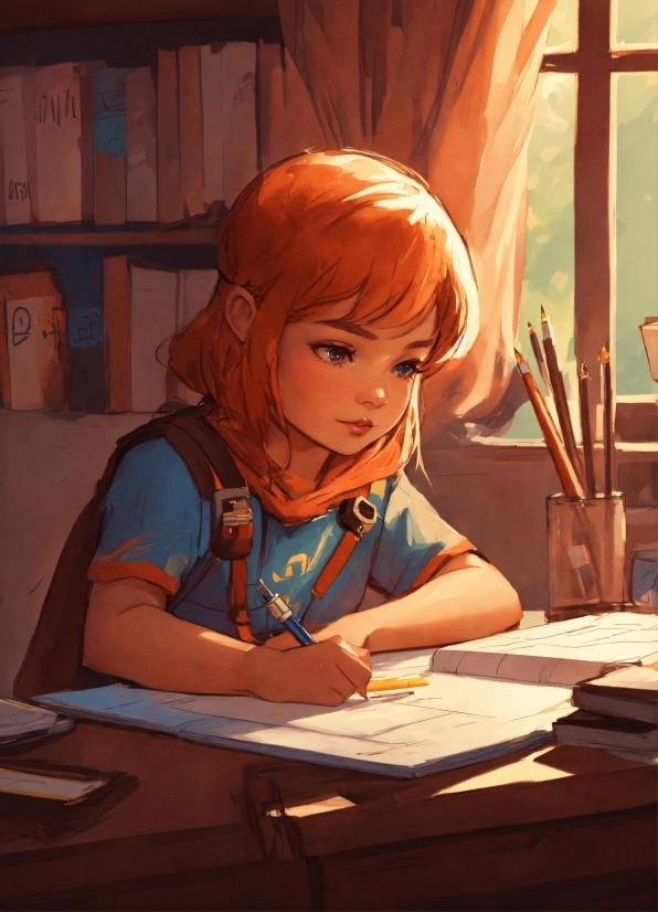 Hairstyle, Table, Cartoon, Desk, Writing Implement, Homework