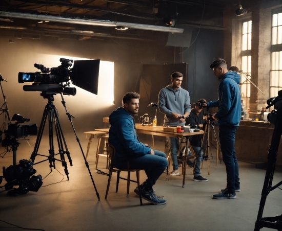 Jeans, Table, Furniture, Tripod, Videographer, Television Crew