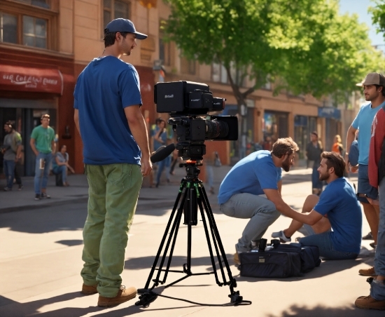 Jeans, Videographer, Tripod, Shirt, Television Crew, Cinematographer