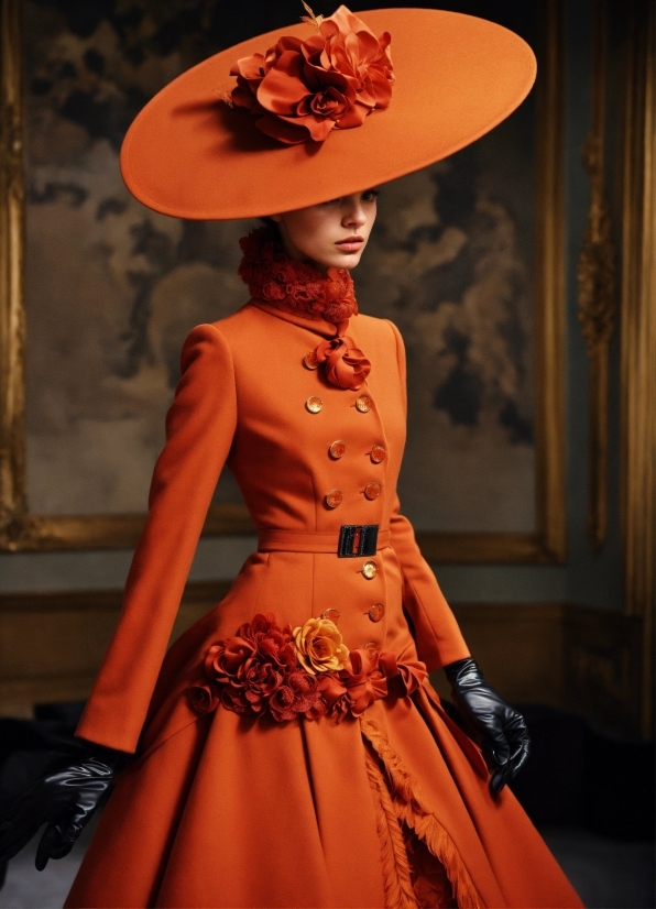 One-piece Garment, Sleeve, Orange, Waist, Hat, Gown