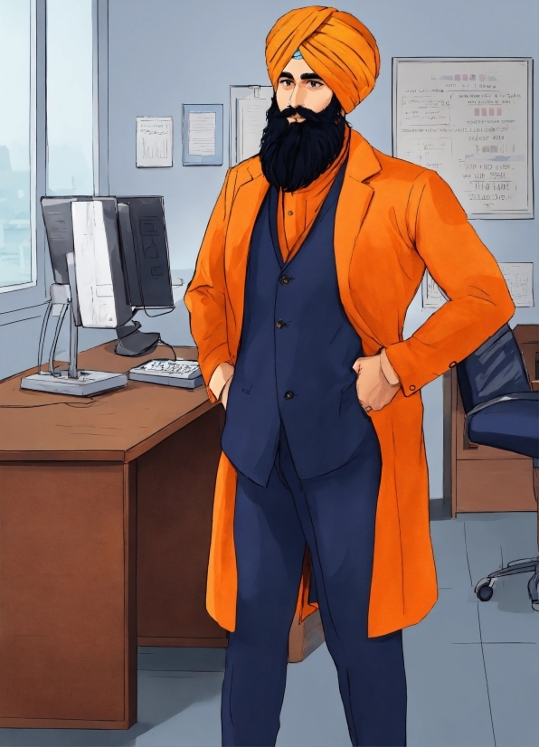 Outerwear, Computer, Beard, Orange, Sleeve, Computer Monitor