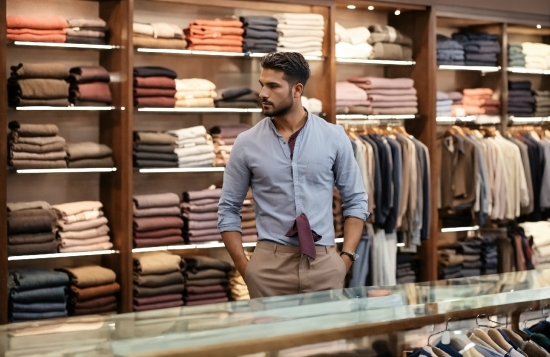 Outerwear, Dress Shirt, Shelf, Sleeve, Customer, Collar