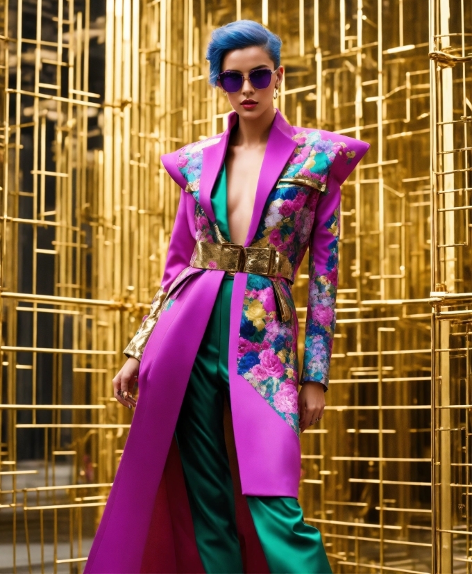 Outerwear, Hairstyle, Shoulder, Purple, Fashion, Sunglasses
